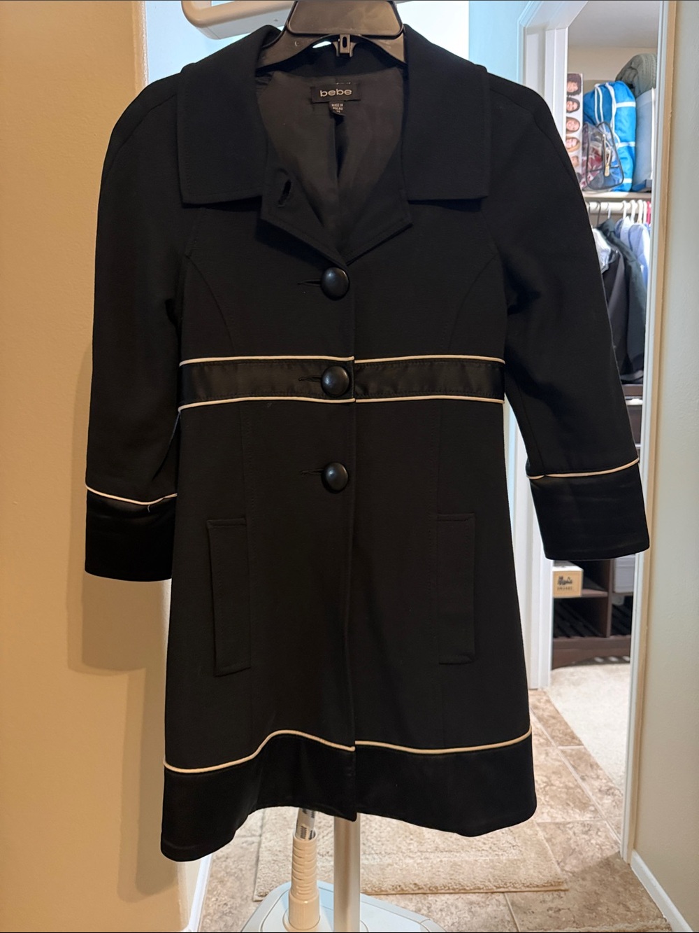 bebe Black Pea Coat with White Contrast Piping